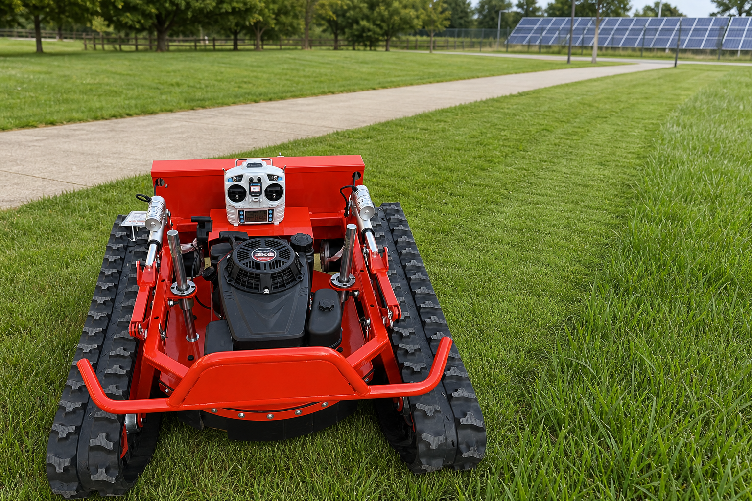 Remote control crawler mower maintaining open park grass