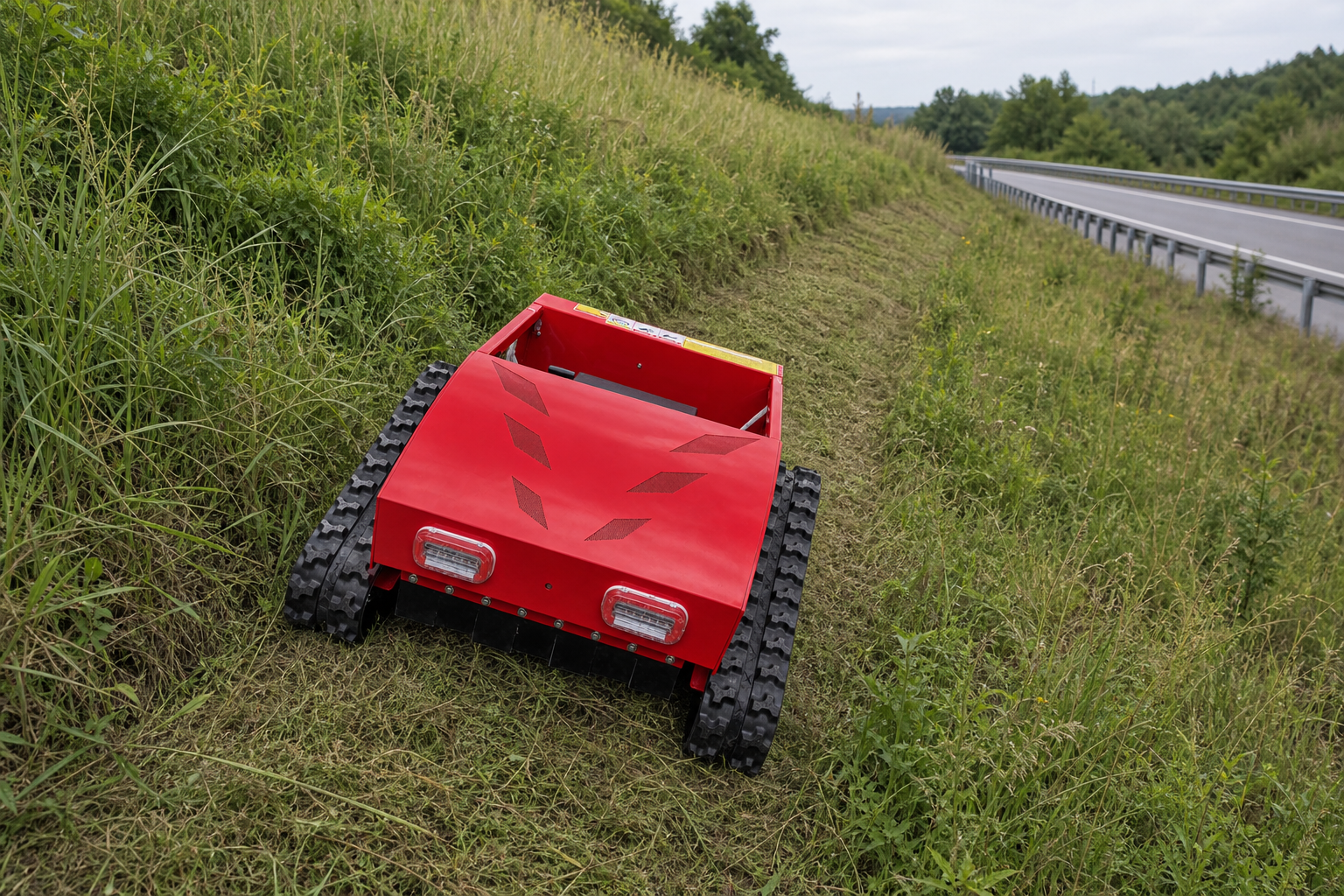 Remote control crawler mower cutting a roadside embankment