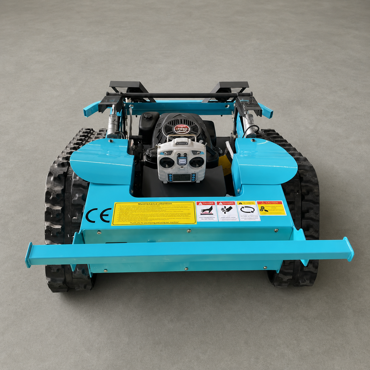 Blue crawler mower for garden grass cutting