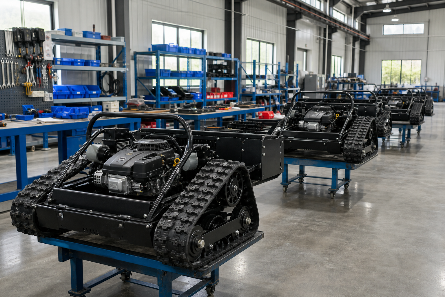 Crawler mower chassis at organized assembly stations inside the factory