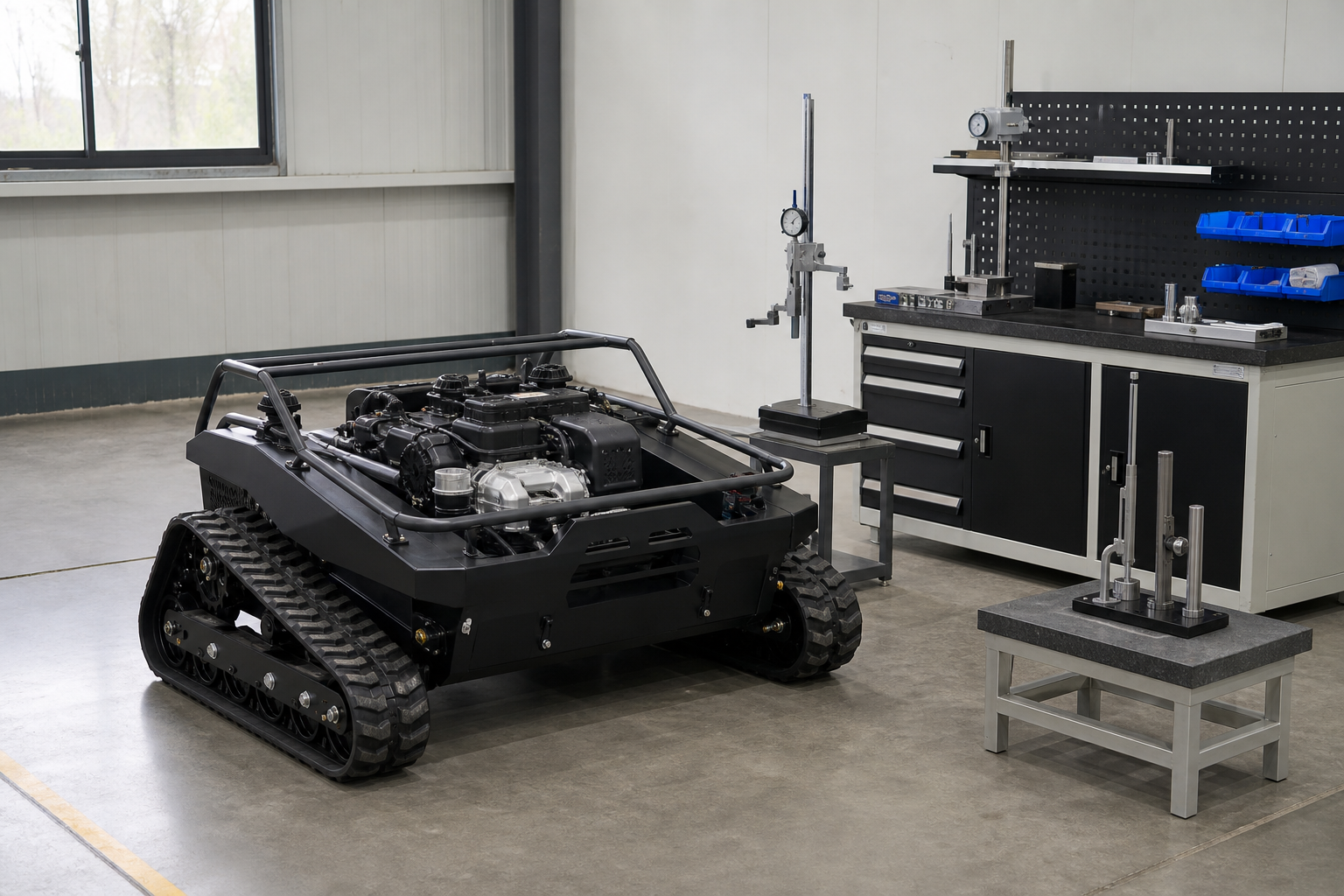 Completed crawler mower in the factory quality inspection area