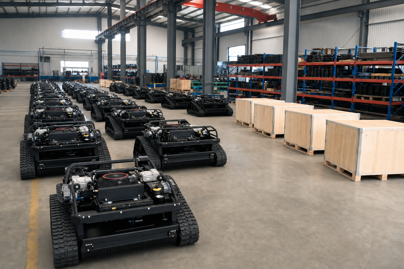 Rows of finished crawler mowers prepared for packing and dispatch