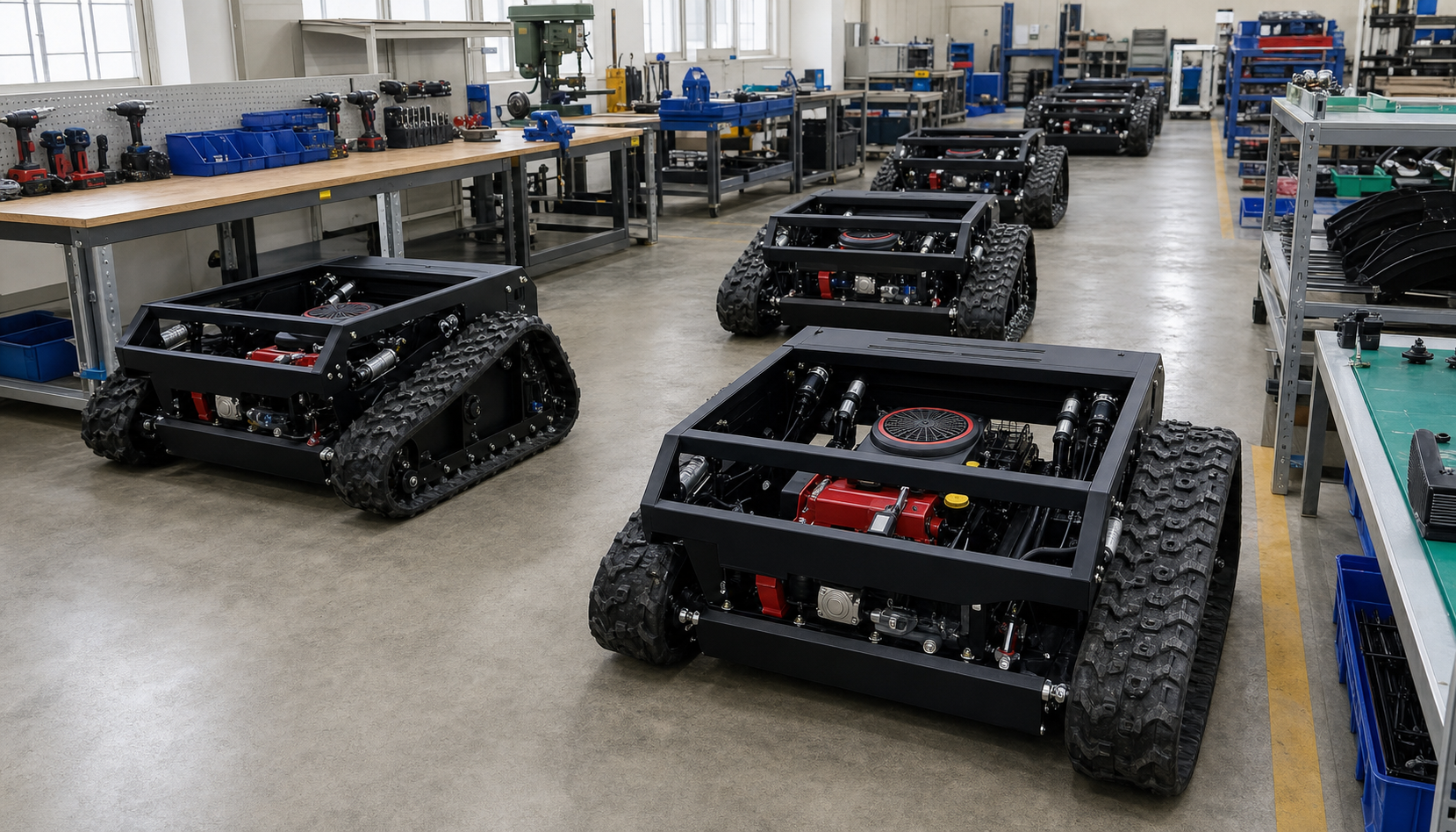 Crawler mower assembly and quality inspection area