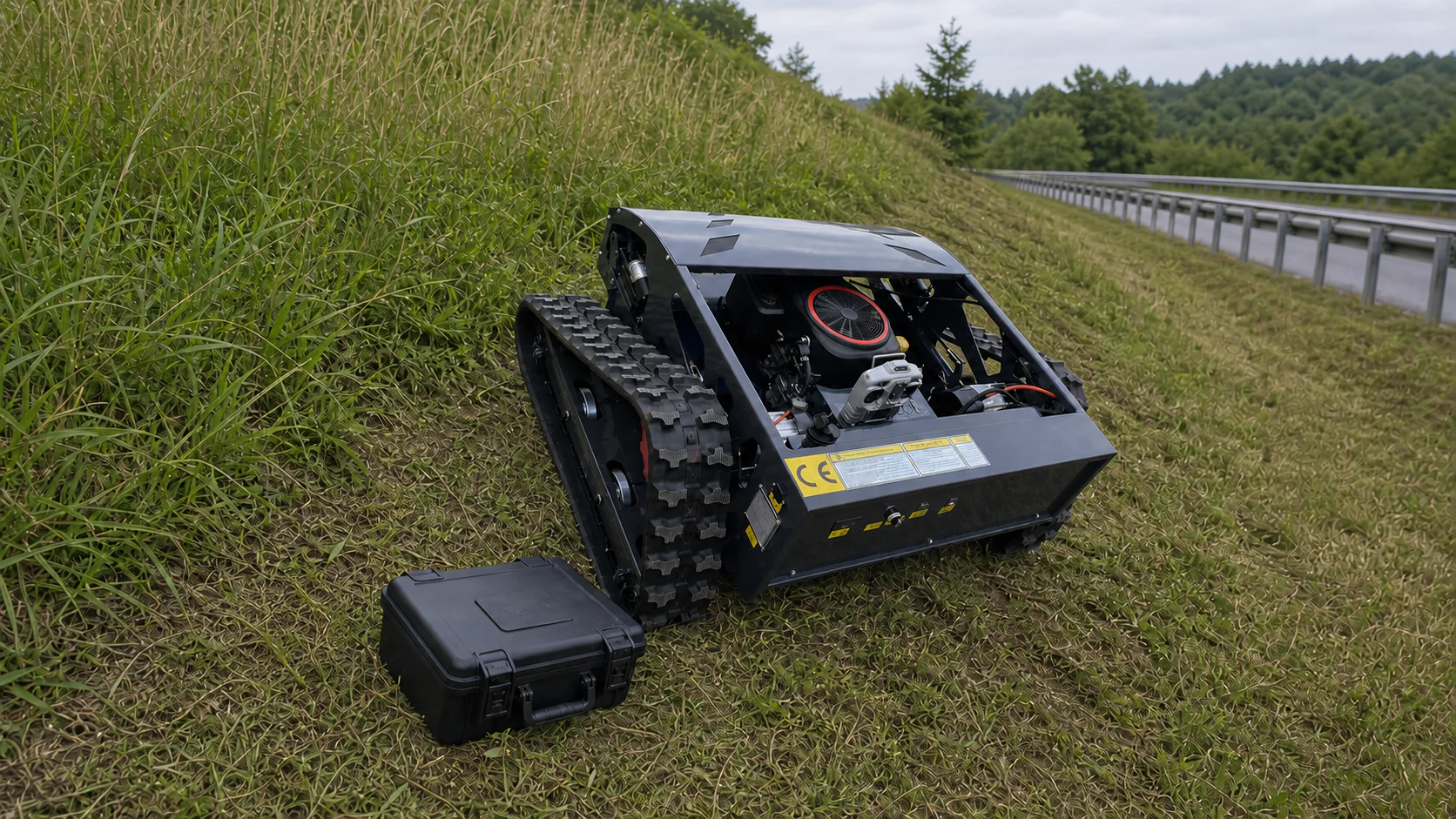 Crawler mower and field service case on a roadside embankment for terrain assessment